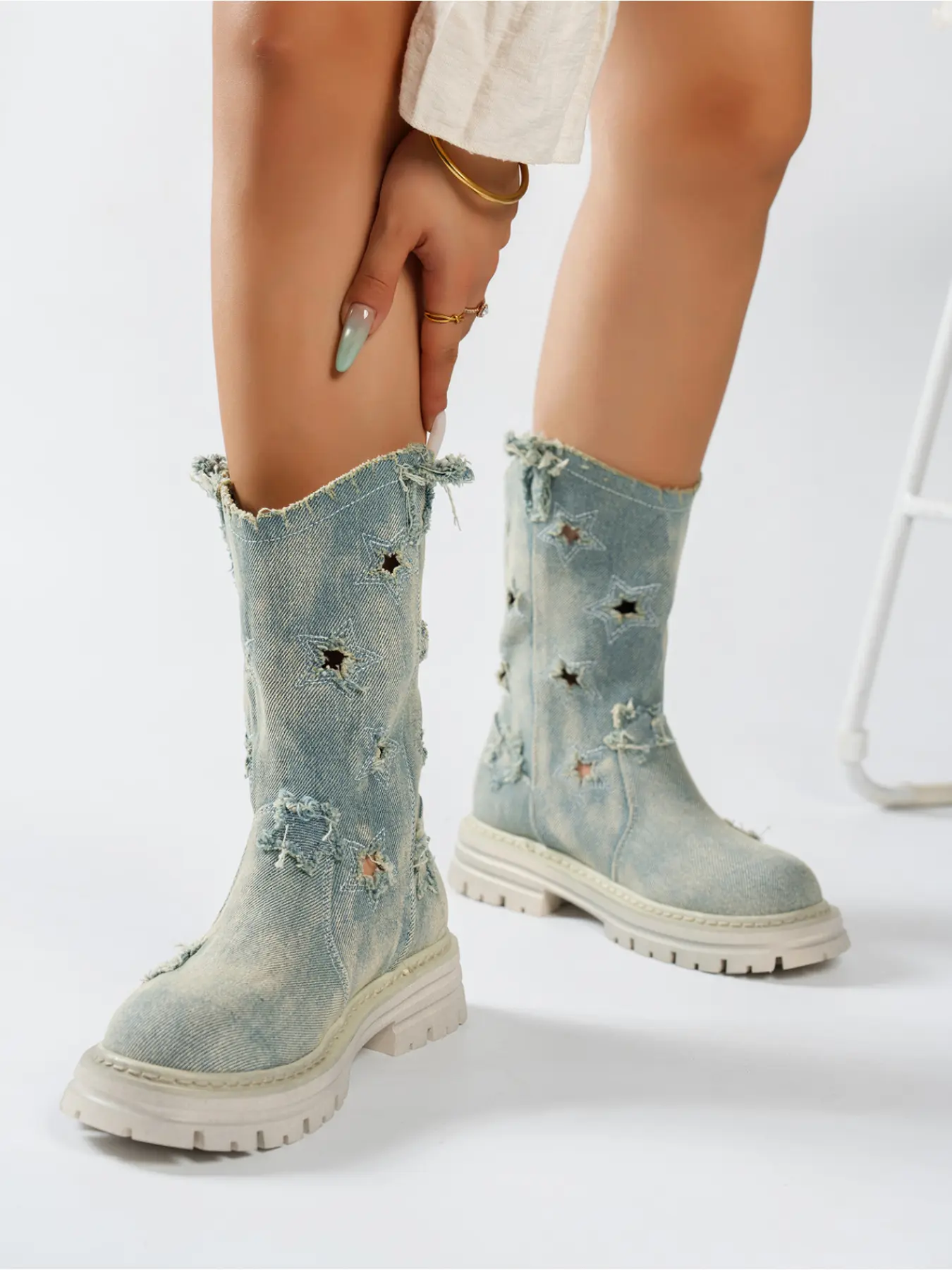 Festival & Daily Versatile Distressed Denim Mid Boots Hollow Star Cutout Frayed Edge Round Toe Slip Resistant Chunky Lug Platform Sole Vintage Cowboy Booties