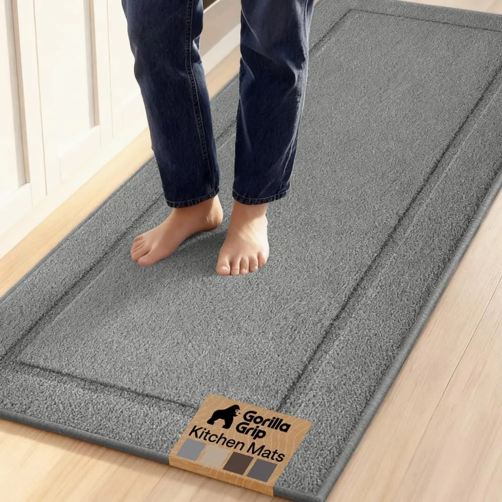 GORILLA GRIP Heavy Duty Washable Kitchen Rug with Rubber Backing, 60x20 Runner, Ultra Absorbent Stain Resistant Thick Under Sink Mat, Soft on Feet, Home Decor Entryway Carpet Rugs for Floor, Gray