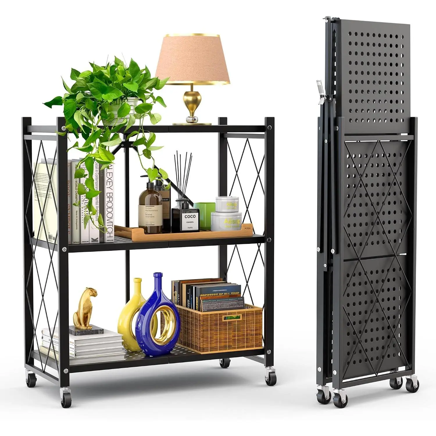 3-Tier Foldable Storage Shelf with Wheels | Metal Rack Collapsible Shelving Display | Rolling Cart for Books Kitchen Storage Shelves | Pantry & Closet Organizer | Office Room Decor