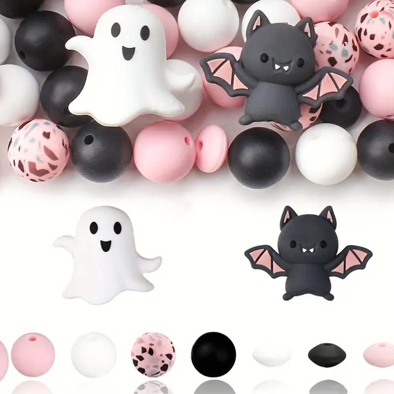 [Halloween Silicone Beads] 35pcs 3D Halloween Theme Silicone Beads Set 15mm Ghost Bat Pink Color Focal Beads Decorative Beads for Keychain Jewelry Making Crafts DIY Pen Beaded Accessories Beads & Bead Assortments Beads Mix Beads And Accessories