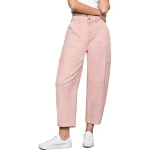 Barrel Jeans for Women Trendy High Waisted Cropped Cargo Pocket Baggy Stretch Denim Pants Wide Leg Tapered Jeans