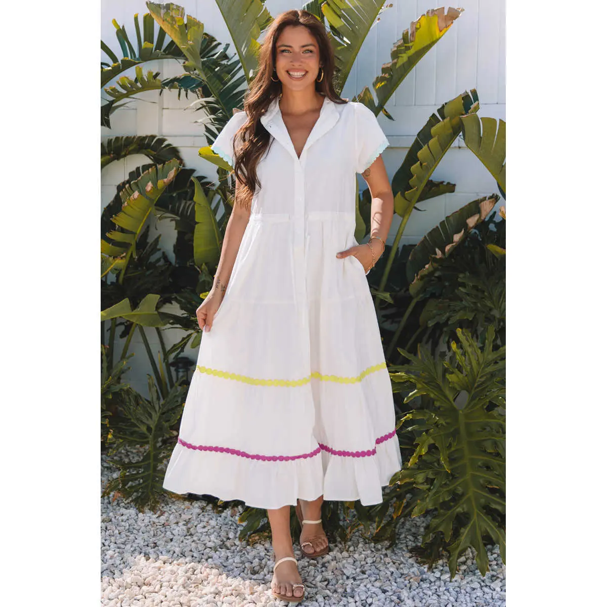 Women's Retro Colorblock Maxi Dress in 100% Cotton with a Slit Neck, Rickrack Trim, and Adjustable Drawstring Fit, Casual, Cute, Elegant, Short Sleeves, Bold Colors