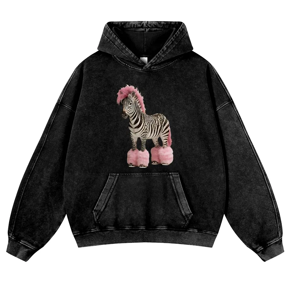 Men's Vintage Black Acid Wash Thick Cotton Blend Hoodie - Punk Zebra with Pink Hair Graphic, Coquette Grunge Aesthetic Oversized Longsleeve Casual Wear Pullover Streetwear, Pre-Shrunk, Multi-Size Graphic Hoodies