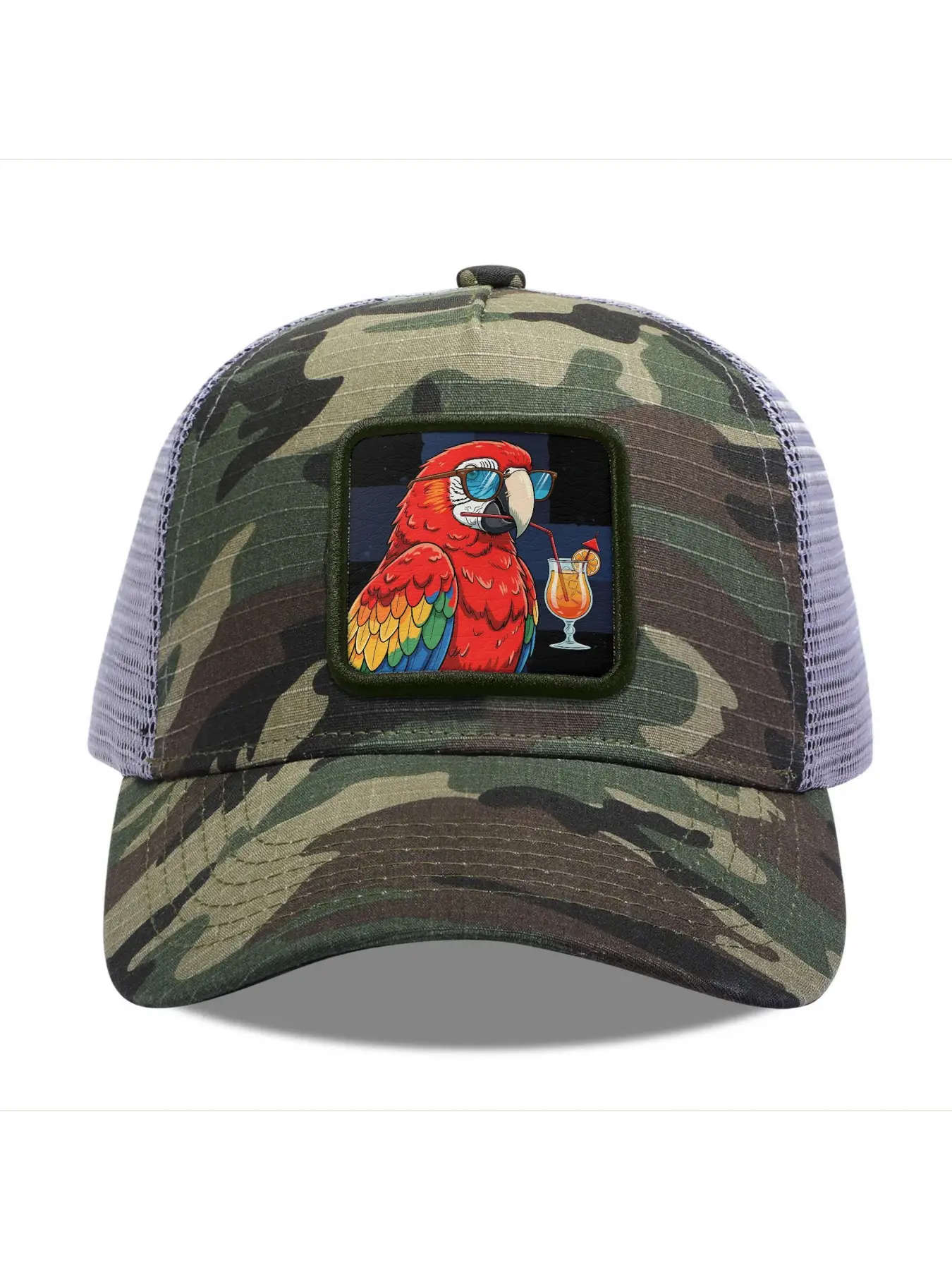 Parrot with sunglasses drinking cocktail Camouflage Mesh Baseball Cap for Men & Women - Adjustable Snapback Trucker Hat, Breathable Back for Hiking, Fishing, Camping, Golf & Casual Outdoor Attire Camouflage Random