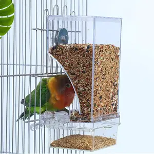 Automatic Parrot Seed Feeder with Perch, Acrylic Transparent Food Container, Suitable for Small and Medium Budgies, Bird Cage Accessories