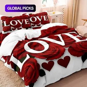 3 Counts/set Valentine's Day Love Letter Rose Pattern Duvet Cover Set including 1 Duvet Cover + 2 Pillowcases, Soft and Comfortable Decorative Bedding for Bedroom or Guest Room, Without Comforter