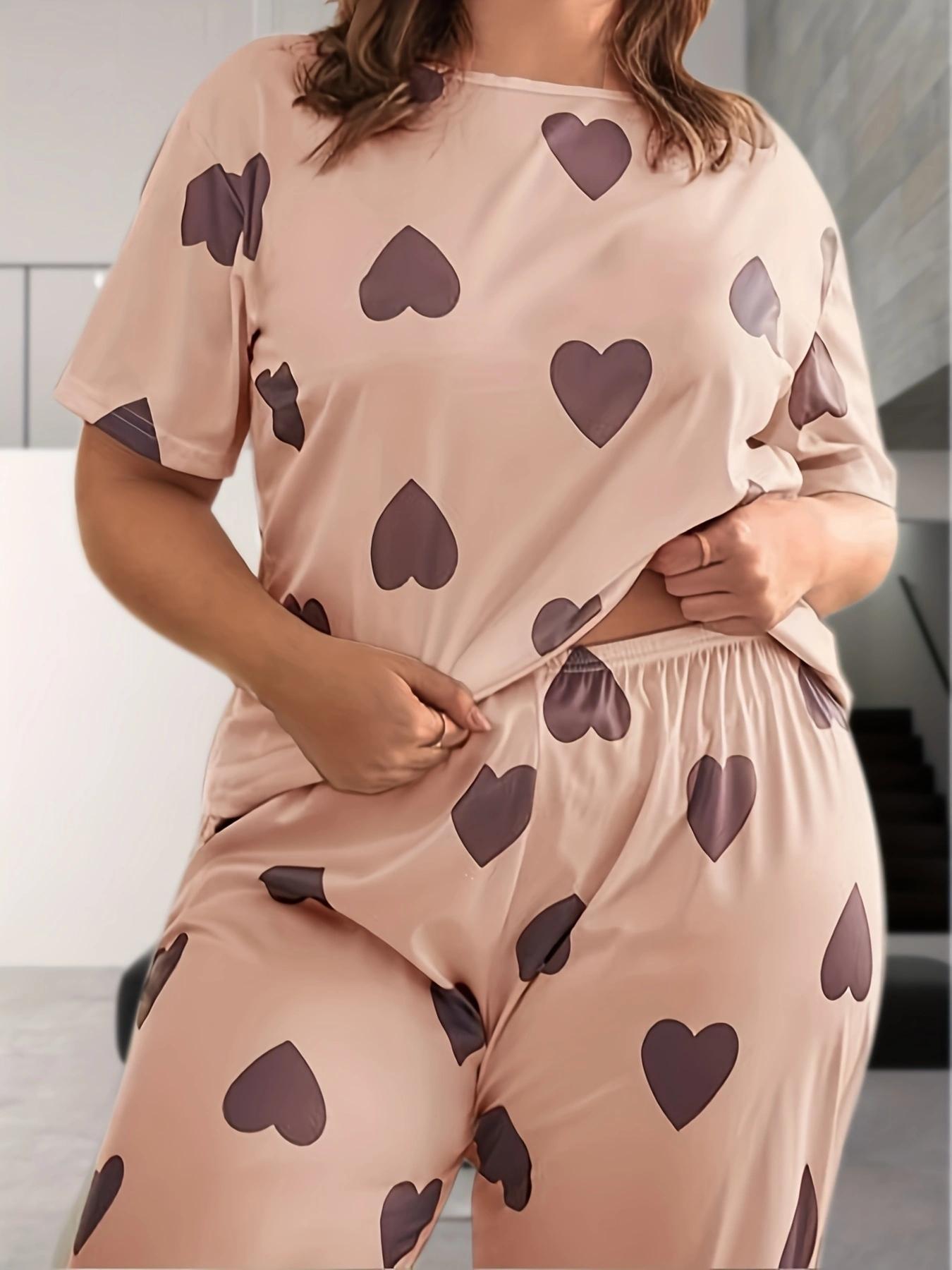 Plus Size Two-Piece Set Heart Print Drop Shoulder Tee & Elastic Waist Pants Pyjama Set, Casual Comfy Round Neck Short Sleeve T-shirt & Trousers Pj Set, Women's Sleepwear for All Seasons Valentine's Day, gift