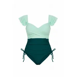 Plus Size Swimsuit Women Color Block Mint Teal Ruffle Sleeve Swimwear Tummy Control Bathing Suit UPF 50+ 14W-30W