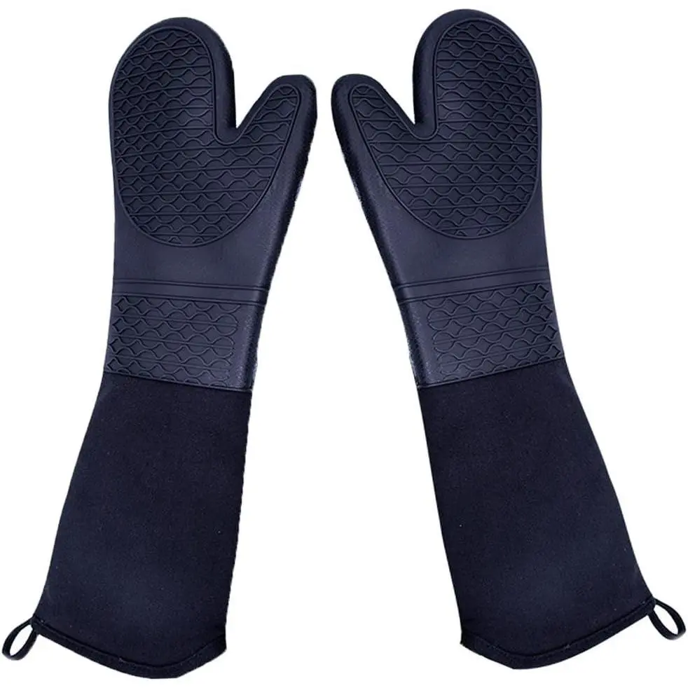 Extra Long Silicone Oven Mitts, Heavy Duty Commercial Grade Heat Resistant BBQ Gloves with Quilted Cotton Lining, 2 Pack