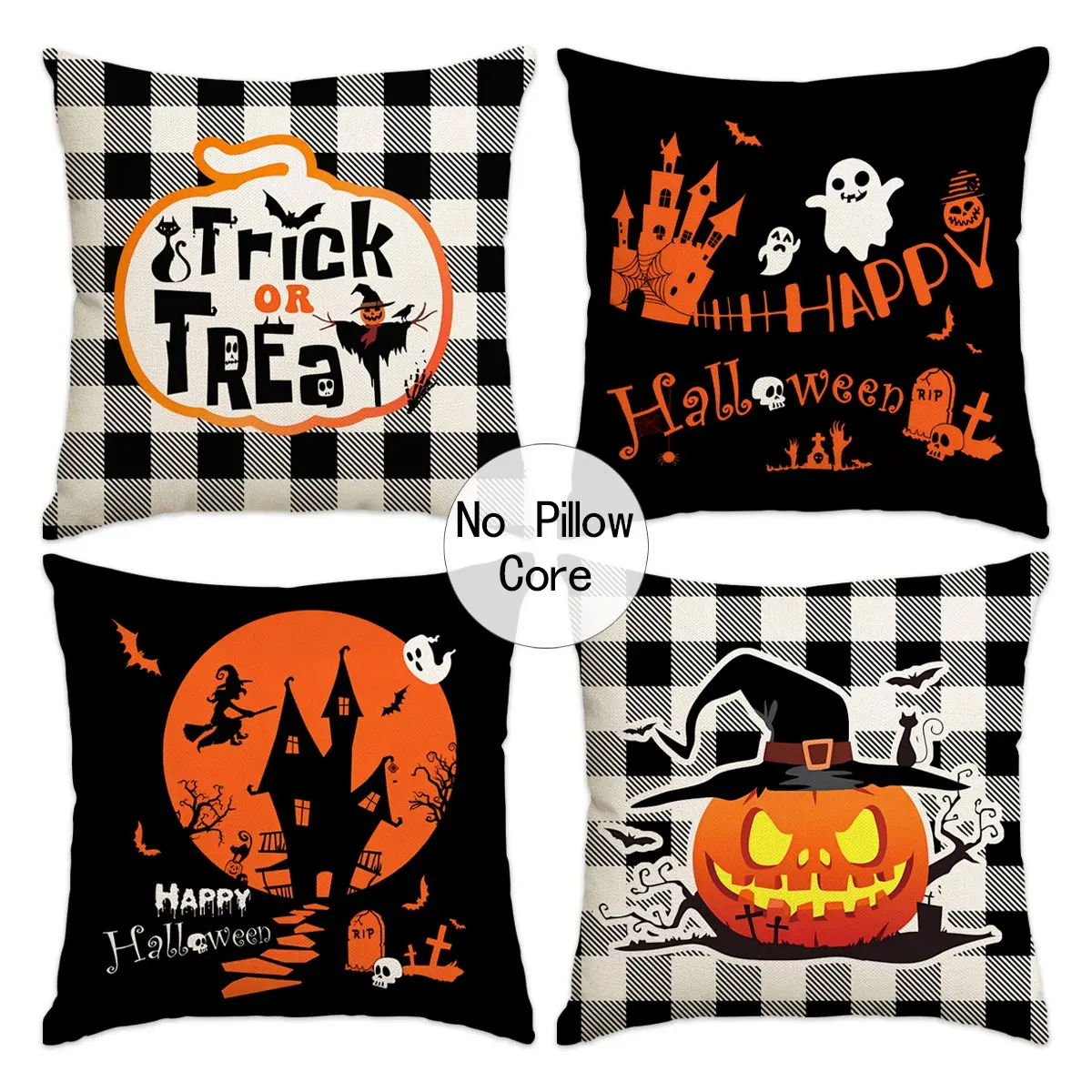 Halloween Themed Pillow Case, 4 Counts/set Square Pillow Cover without Filler, Halloween Decoration for Home Living Room Bedroom Sofa Couch