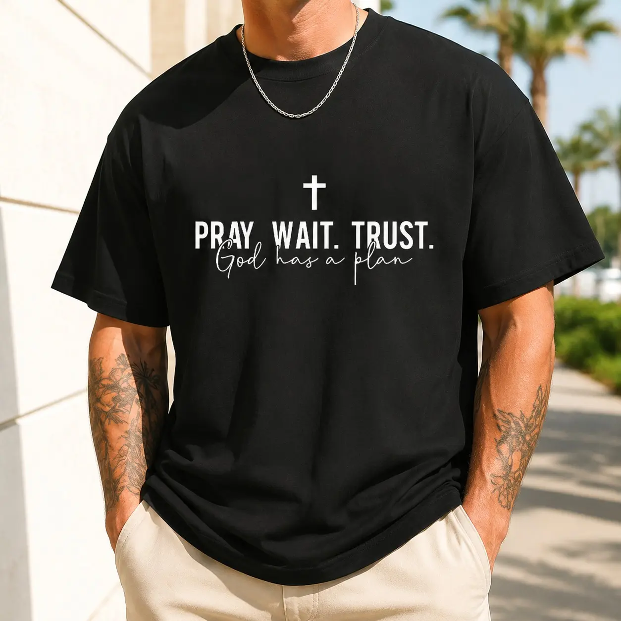 Pray Wait Trust God Has a Plan Cross Graphic T-Shirt, Men’s Religious Faith Streetwear Tee, Short Sleeve Crew Neck Cotton Shirt, Black Regular Fit Casual Summer Top