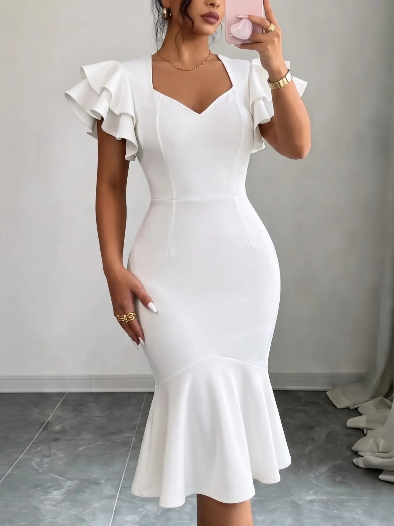 Women's Elegant Formal Church Dress, Ruffle Sleeves, Heart Neckline, Bodycon A-Line, Medium-Length, Perfect for Weddings, Parties, Office, Graduation