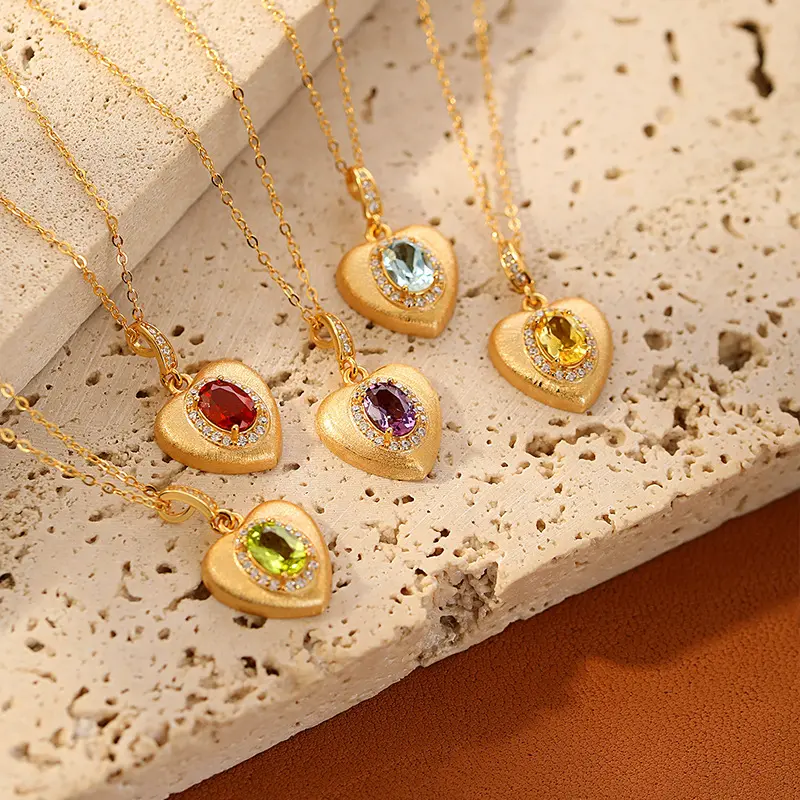 Women's S925 Sterling Silver Heart Shape Pendant Necklace - Brushed Finish, Natural Garnet & Peridot Crystal Inlay, Minimalist Layering Jewelry for Autumn Winter Daily Wear Gift