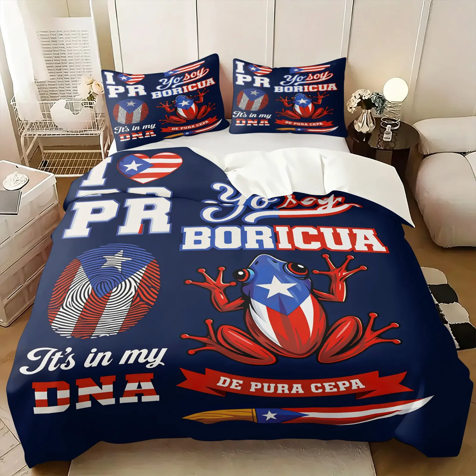 Puerto Rican Ethnic Art Duvet Cover Set & 1-2 Coreless Pillowcases, PR Flag, Coqui Tree Frog and I Am Puerto Rican Motifs Patten, Soft Delicate & Breathable Print Bedding Set, Ideal for Caribbean Folk Custom and Artistic Bedroom Decor