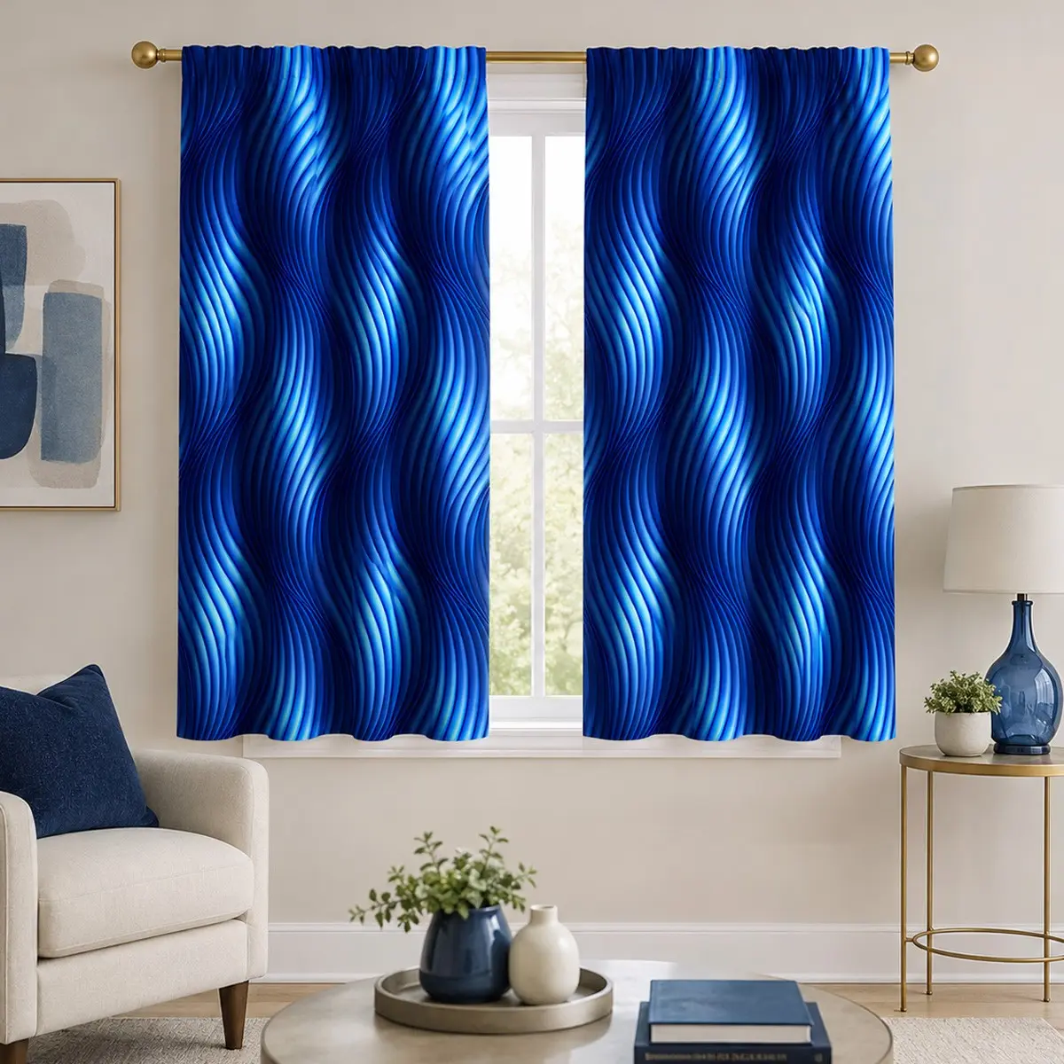 Klein Blue 3D Wave Texture Curtain Set, 2 Panels, Light Blocking, Gradient 3D Ripple Print, Modern Minimalist Decor for Living Room Bedroom