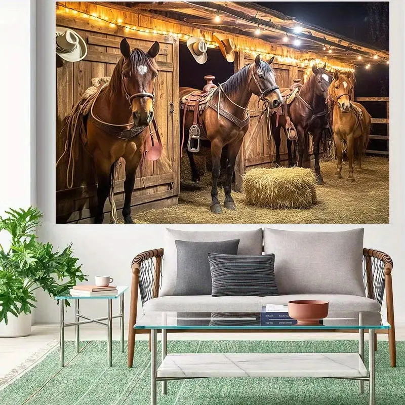 Large Indoor Western Cowboy Barn Polyester Backdrop Banner - Western Themed Decor with Horse Scene, Hay Bales, Saddles, Durable, No Electricity Required, Suitable for Parties, Weddings, Ceremonies, Ceremony, Indoors