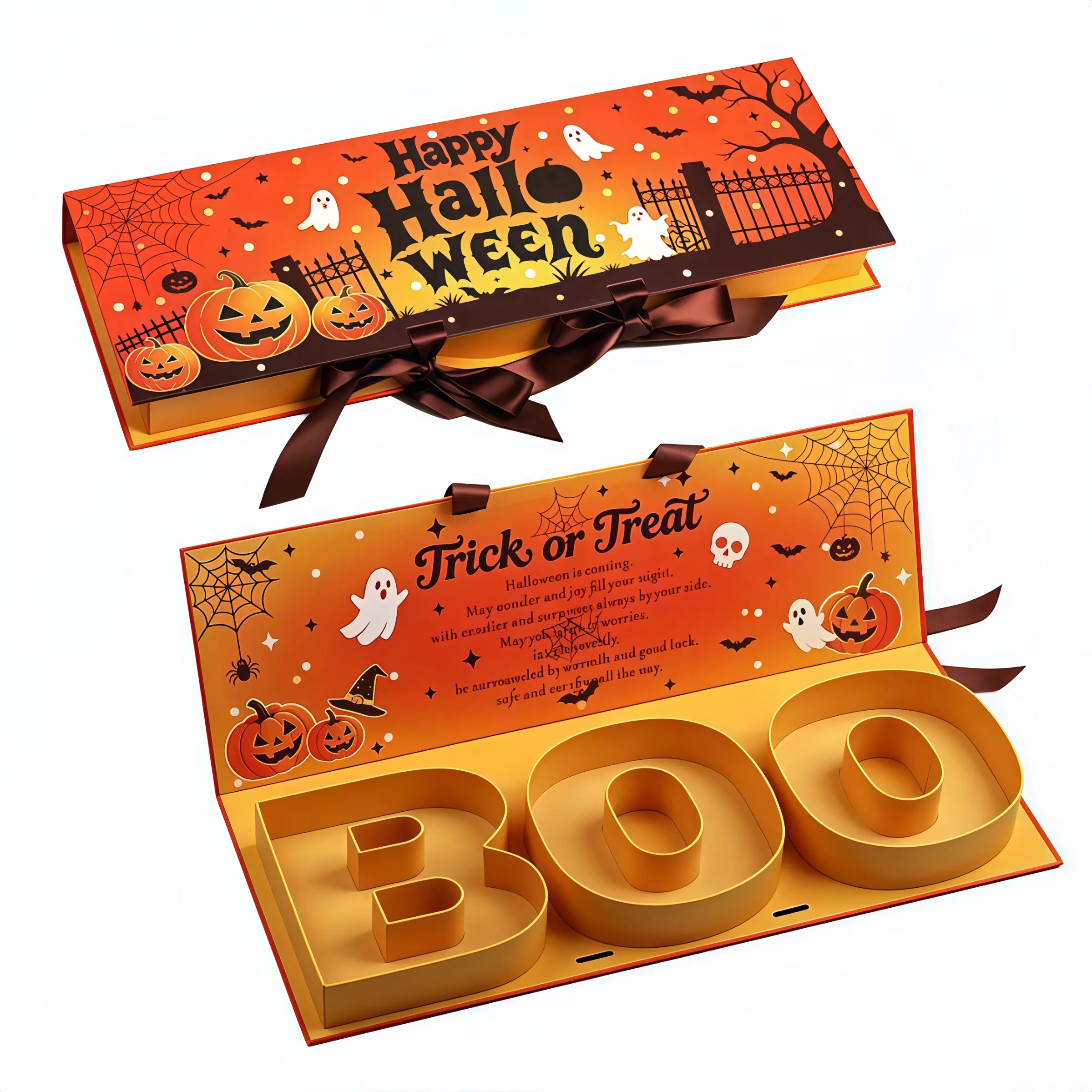 Halloween BOO Gift Box, Happy Halloween Empty Fillable Treat Candy Box with Letter Shaped Compartments & Ribbon Bow, Trick or Treat Spooky Gift Box for Kids Adults Party, Candy NOT Included