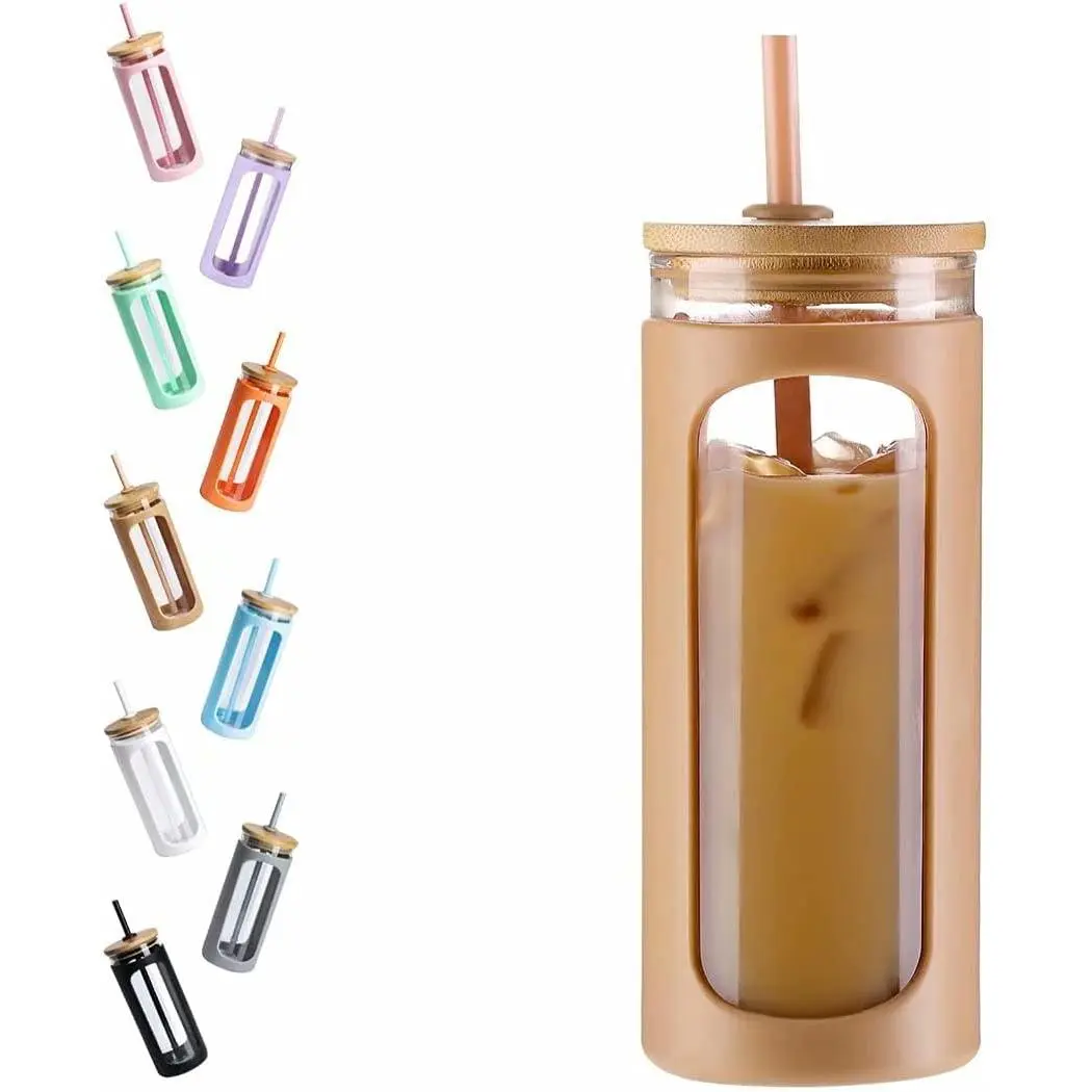 20oz Glass Water Tumbler with Straw and Lid, Bamboo Lids Water Bottle, Iced Coffee Cup Reusable, Wide Mouth Smoothie Cups with Protective Silicone Sleeve BPA FREE-Amber