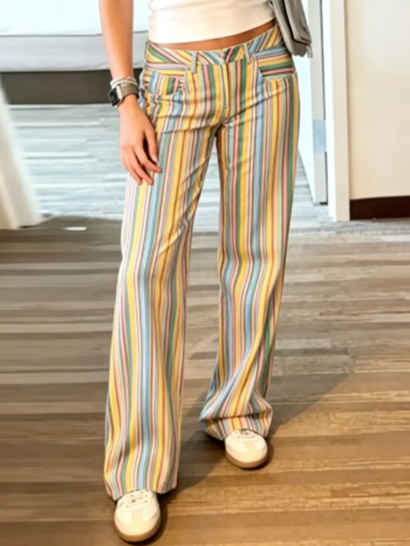 Women's Rainbow Striped Pants Summer 2026 Fashion Baggy Low Waisted Wide Leg Trousers Elegant Straight Leg Loose Pants New Arrival Music Festival Beach Resort Pants Bottoms