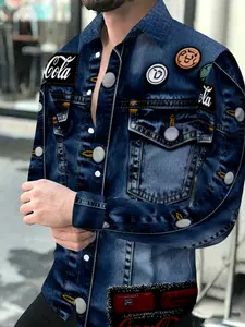 2026 New Men's Printed Denim Long Sleeve Shirt, Stylish Lapel Collar Casual Top