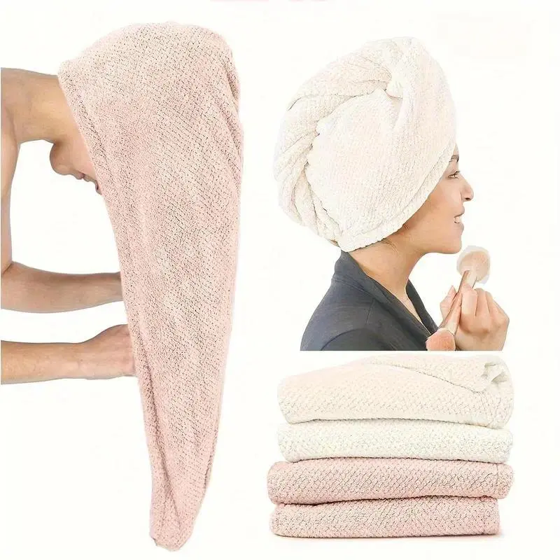 2-Pack Microfiber Quick Dry Hair Wrap Towel, Super Absorbent Anti-Frizz Button Turban for All Hairstyle Women Bathroom Set