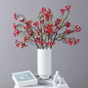 3PCS, Artificial Red Berry Stems - Glossy Plastic Christmas Thanksgiving Decor for Home, Weddings, Parties, DIY Flower Arrangements - No Maintenance Harvest Fruit Decoration, Woodland Christmas Decor, Table Centerpiece, Natural Look Leaves, Realistic Text