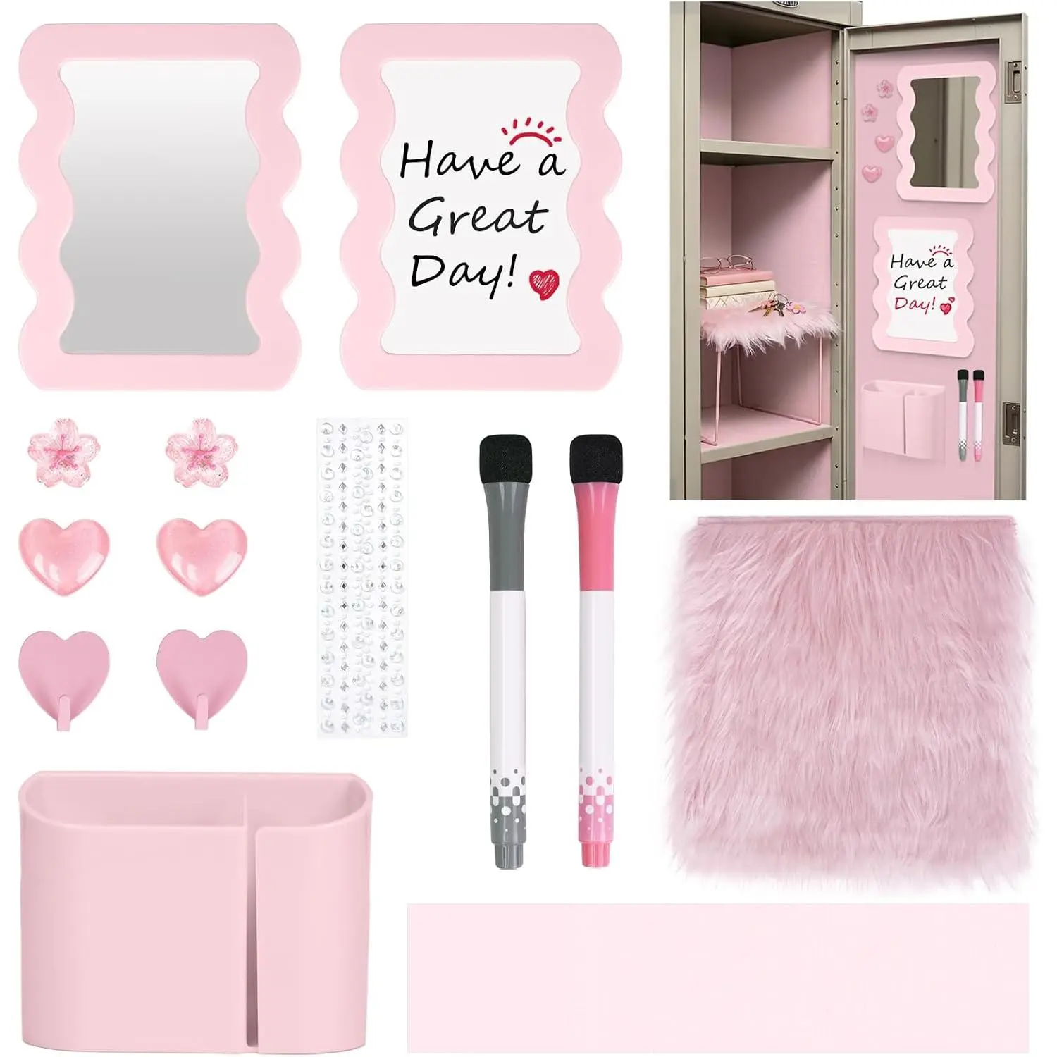 Locker Accessories Kit for Girls - Includes  Mirror, Whiteboard, Pen Holder,  and Stickers,  Locker Decor & Organizer Set,  to School Supplies,  Set 10 count