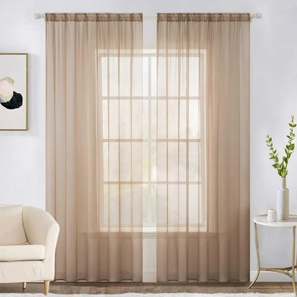 2-Panel Color Sheer Window Voile Curtains, Soft Light Elegant Drapes, Machine Washable Window Treatment for Bedroom/Living Room (54x84 in Brown)