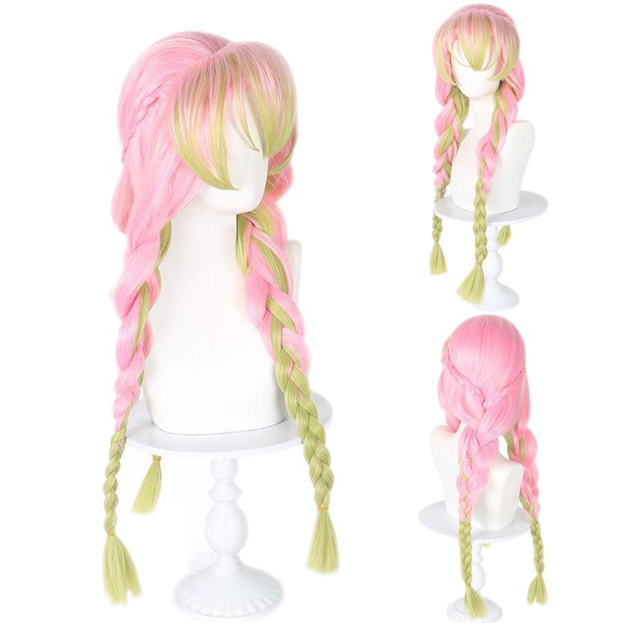 Anime Mitsuri Kanroji Cosplay Synthetic Wig Long Pink Green Braid Heat Resistant Hair Authentic Cosplay Wigs