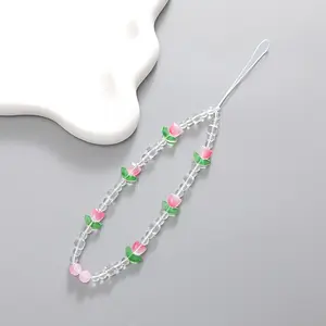 Chic Tulip Beaded Phone Lanyard - Pink & Green Acrylic Charm with White Beads, Perfect Gift for Women, Mothers, Friends, and Family, Ideal for Birthdays and Holidays, Phone Accessory|Tulip Design|Acrylic Beads, Phone Charm, Phone Chain