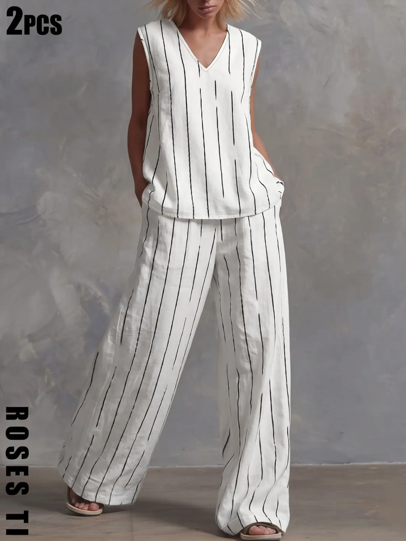 Women's Linen Breathable V-Neck Sleeveless Top Set, Loose Fit Slimming Wide Leg Pants Two-Piece Summer Casual Commute Lazy Chic Style Outfit