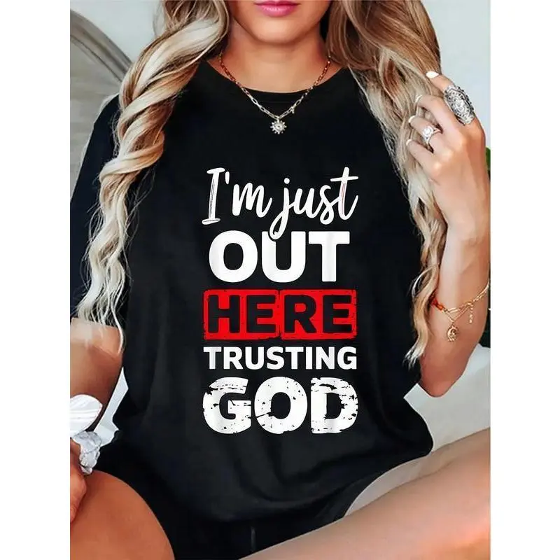 Casual Christian T-Shirt for Women, Short Sleeve "Trusting God" Slogan Graphic, Made of Soft 100% Cotton Fabric for Everyday Wear, Shortsleeve, Lady, Round Neck, Top, Style