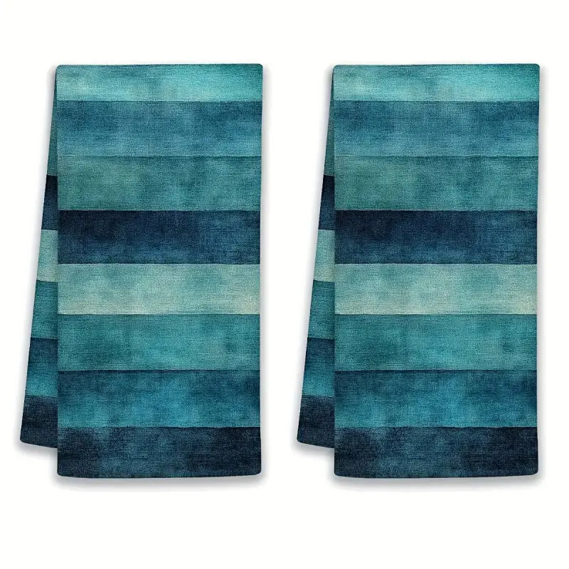 2-Piece Set, 16x24 Inch, Cyan-Blue Gradient Striped Kitchen Towels and Dishcloths Sets; Gradient Ocean Color-Blocking Dishcloth; Minimalist Coastal Style, Soft and Absorbent Hand Towels; Modern Kitchen and Bathroom Decor.