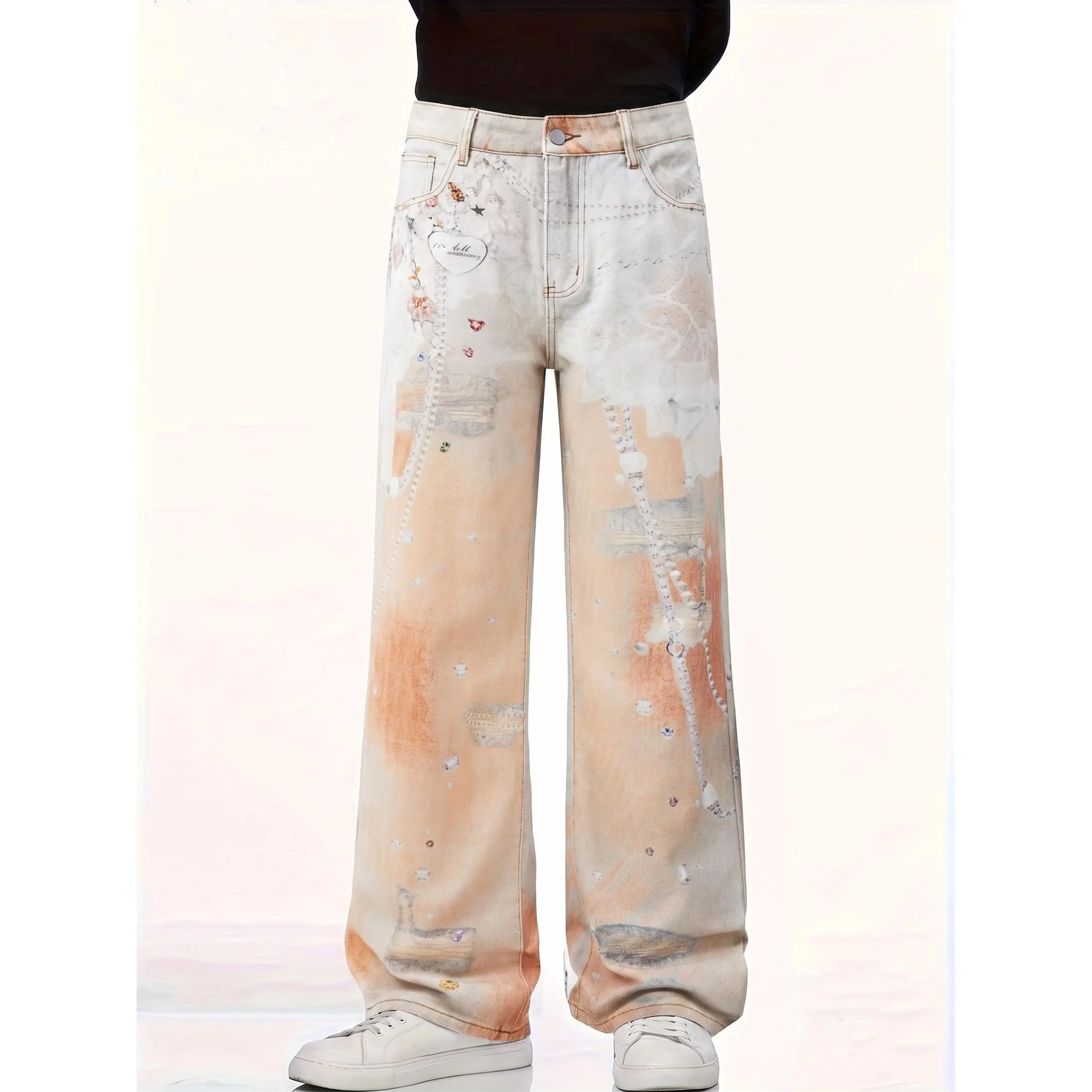 Men's retro orange splatter-wash pearl chain heart print wide-leg jeans, Y2K lace pattern loose jeans, faded apricot gradient jeans.