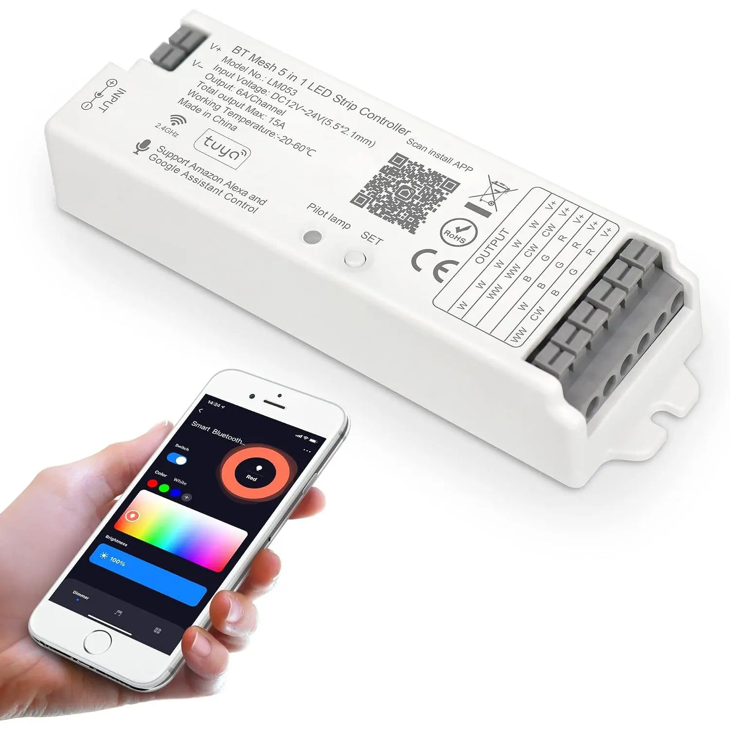 LM053  Mesh 4.2 LED Controller for RGB CCT 5in1 12-24V Lights | RGBW W LED Strip Controller PWM Dimmer Compatible with  Life / Tuya APP / Alexa Echo /  Assistant  /