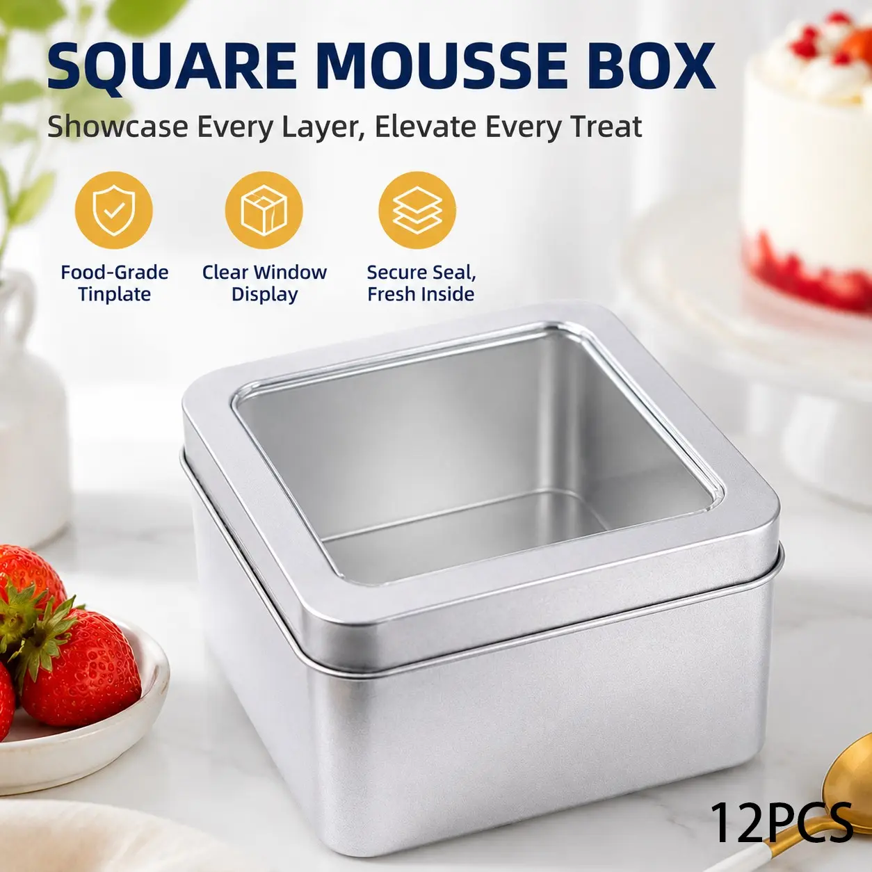 Square Tin Box Sweet Treat Packaging, Transparent Window Lid, Ideal for Mousse Cake, Tiramisu, Layered Desserts, Baking Gift Box, Canned Cake, Bakeware