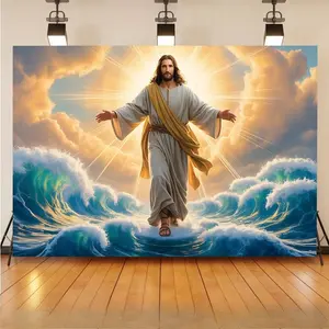 Jesus Walking on Water Faith Backdrop Banner Christian Style Tapestry Wall Hanging Photography Background Polyester Fiber for Baptism Wedding Birthday Church Event Indoor Outdoor Deco