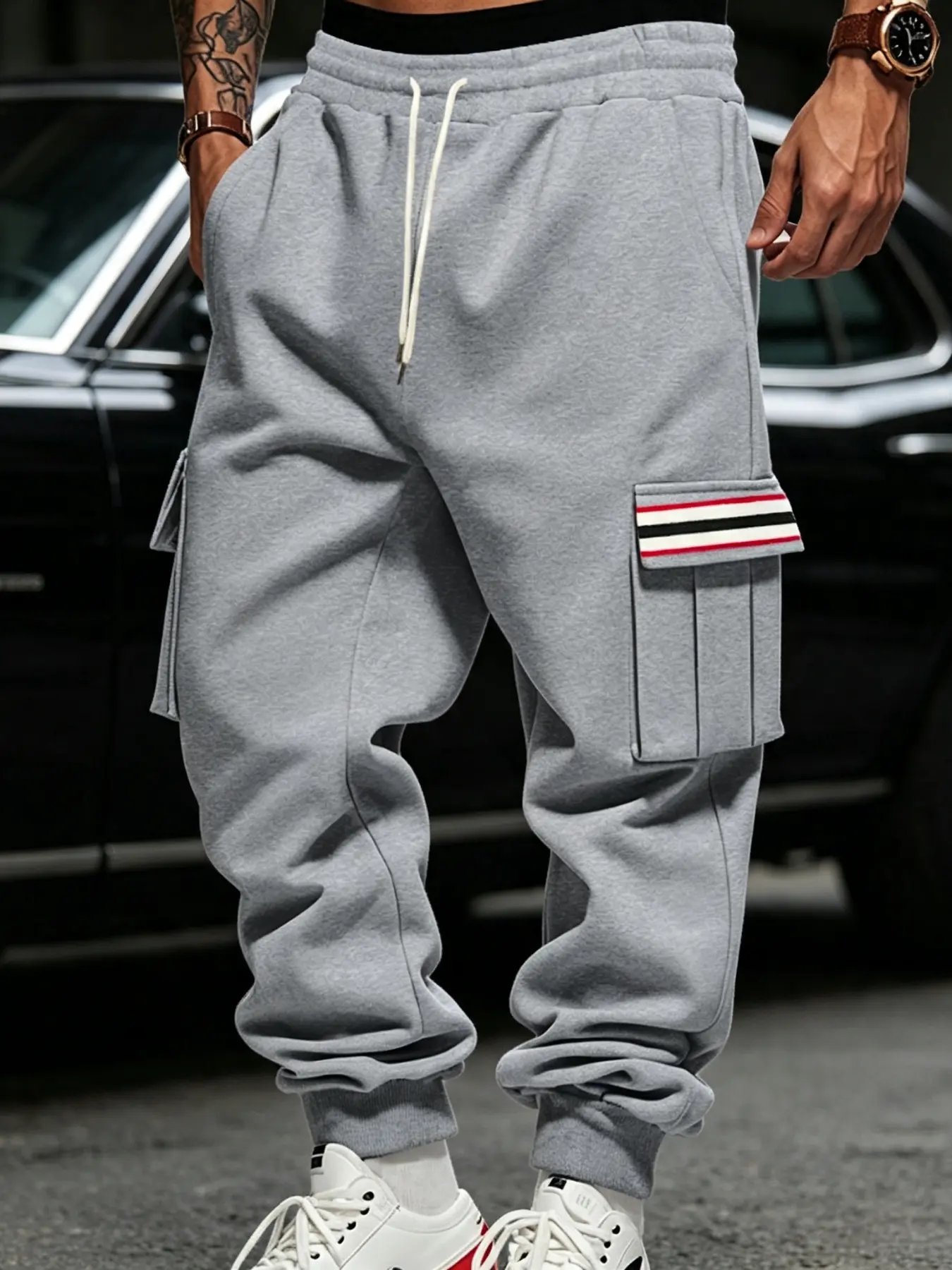 Men's Autumn Winter Heavyweight Fleece‑Lined Cargo Jogger Pants, High Street Trendy Multi‑Side Cargo Pockets Hip Hop Trousers, Drawstring Elastic Waist Cuffed Sweatpants for Outdoor Street Daily Casual Outfits, Multiple Colors Plus Sizes S‑3XL