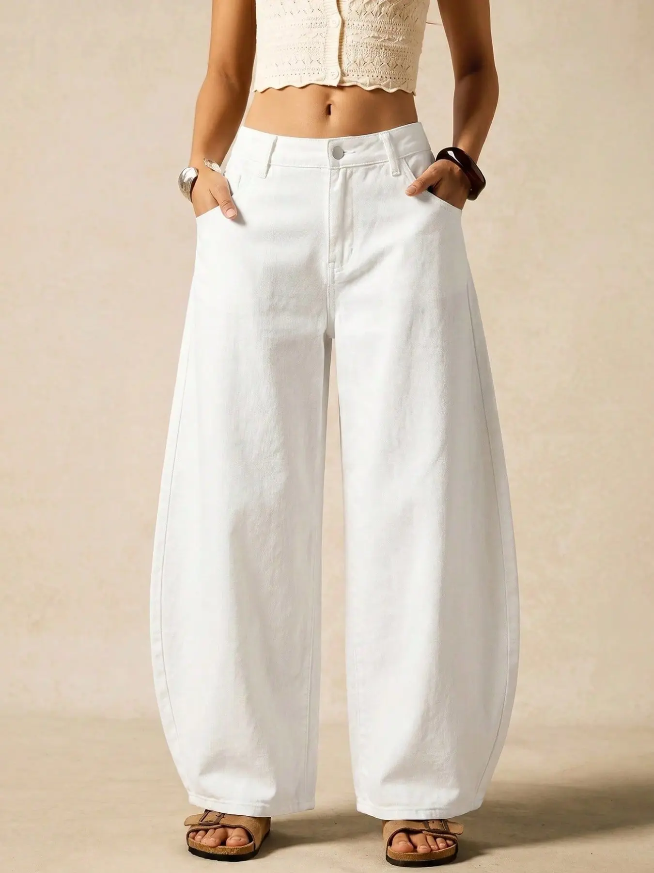 Pure Wash High Waist Loose Baggy Lantern Leg Denim Jeans, Classic Five Pockets Nine-Inch Drop Hem Minimalist Casual Straight Leg Pants