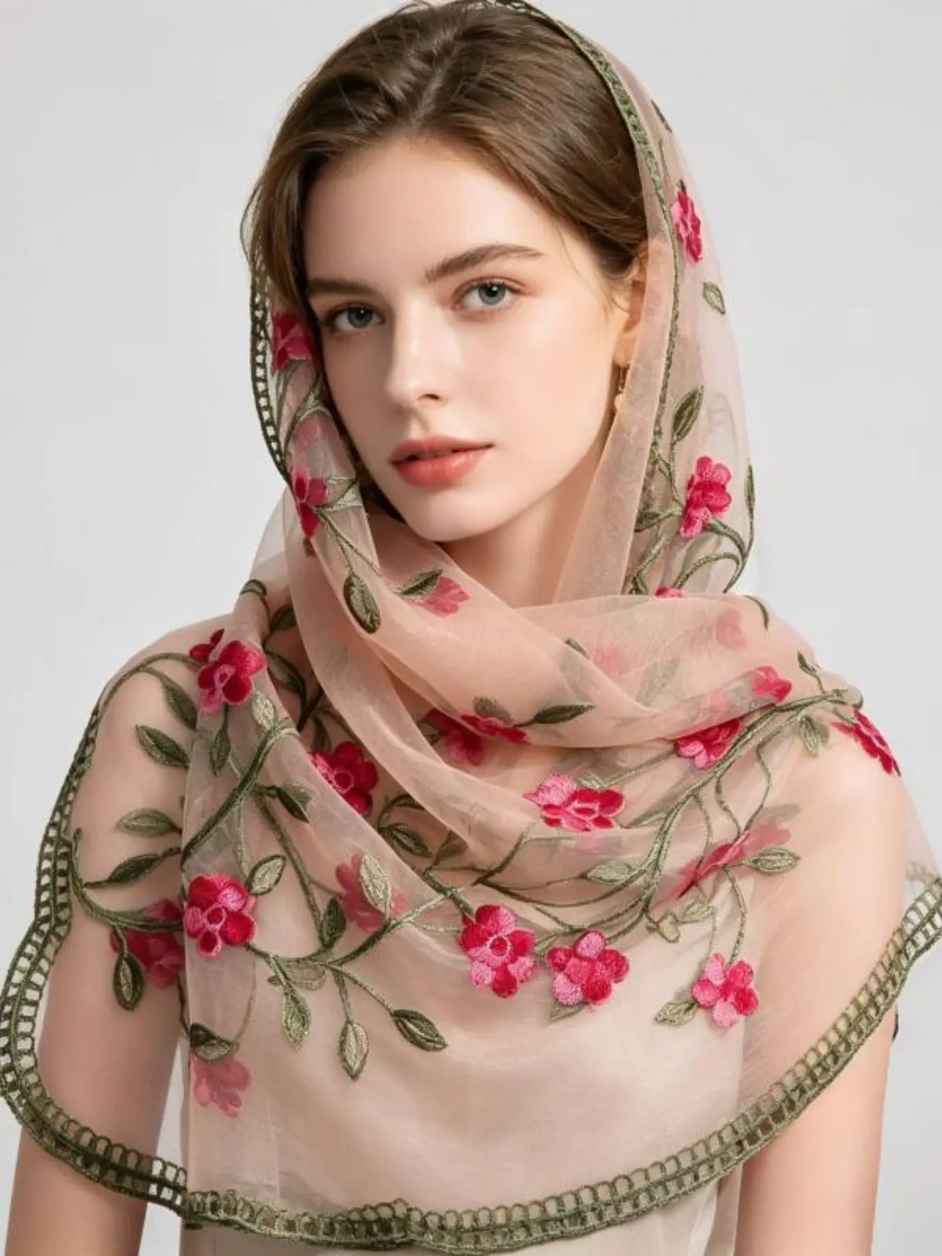 Women's Floral Embroidered Chiffon Headscarf, Solid Rose Stitch Long Scarf, Lightweight Breathable Muslim Cover, Modesty Hijab Wrap, Daily Prayer Casual Wear