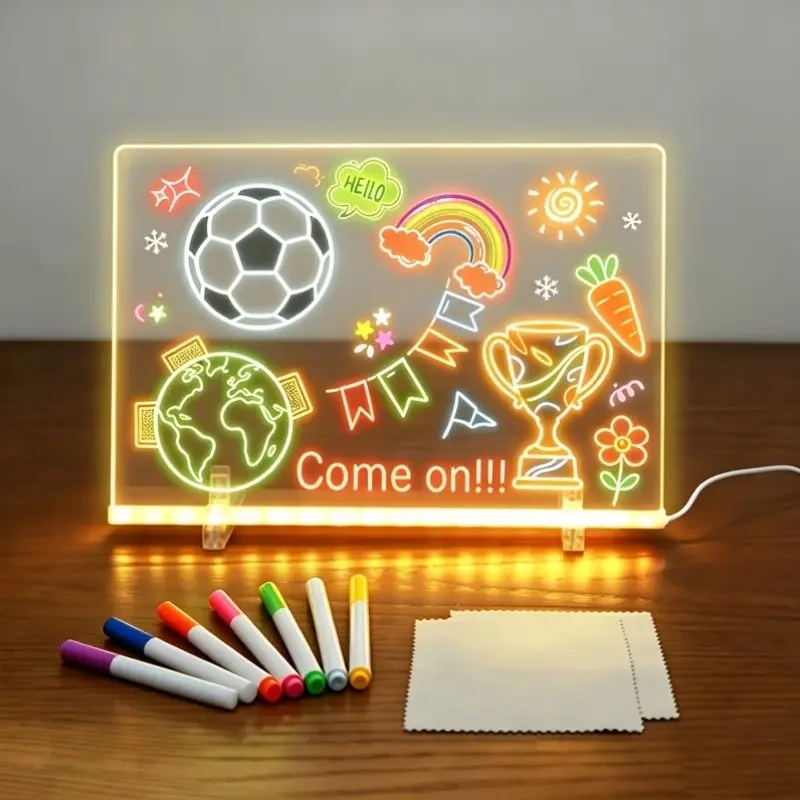 LED Glow Drawing Board, Erasable Acrylic Panel, 7-Color Pens, USB Powered, Creative Activities, Reusable Graffiti Board with Stand, Fun Gift, Professional Art Use