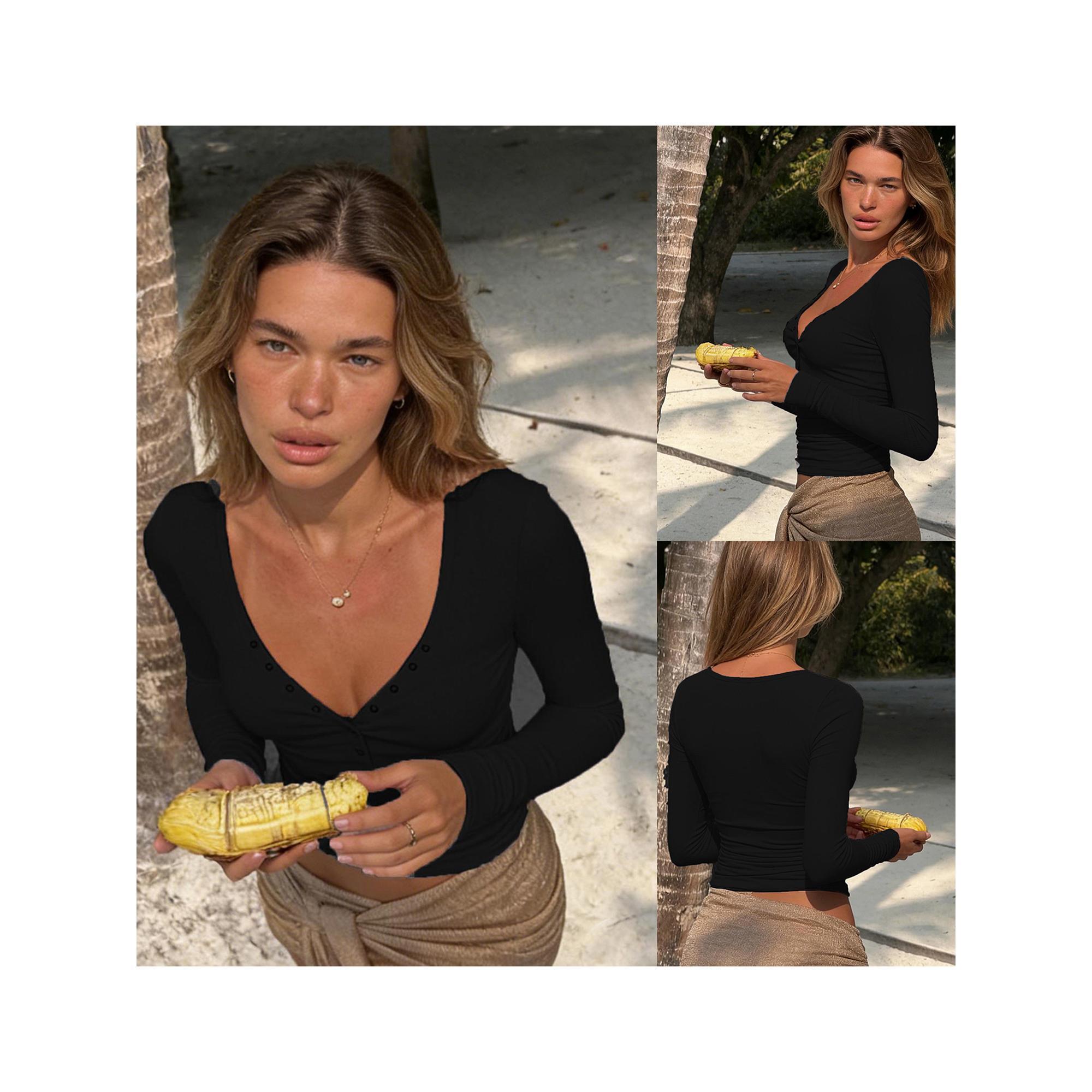 Women Solid Ribbed Henley TopsFit Button-up V Neck Long Sleeve Crop Fall Shirts