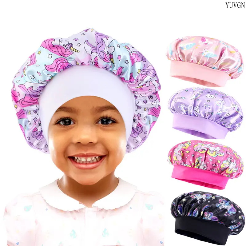 Cartoon Unicorn Printed Satin Bonnet, Elastic Wide Band Hair Cover, Smooth Fabric Night Sleep Cap, Reversible Hair Protection Headwear for Bedtime, Daily Rest and Travel Storage