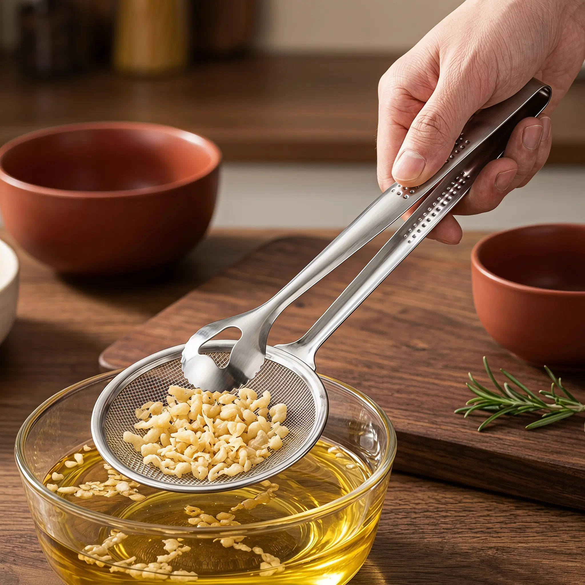 Sturdy Stainless Steel Kitchen Utensils Set - Plastic-Free, Rust-Resistant Kitchenware with Cooking Tong, Draining Strainer Basket, Filter Mesh Spoon, Oil Drainage Strainer, Round Frying Spoon Colander for Home Use-YY1