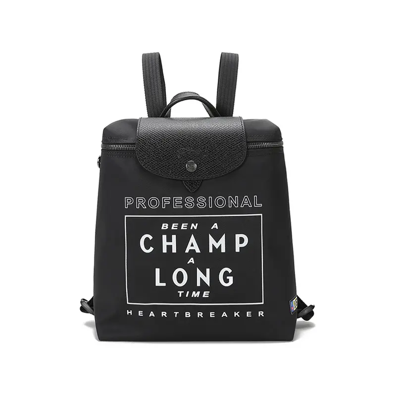 Longchamp x Edison Chen Limited Edition Le Pliage 28 Canvas and Leather Backpack for Women, Letter-Printed, Black