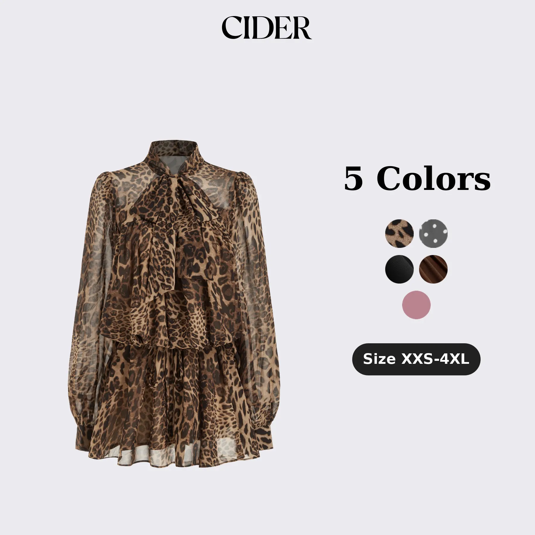 Cider Chiffon Leopard Print Stand Collar Ruffled Oversized Babydoll Mini Dress SohoChic