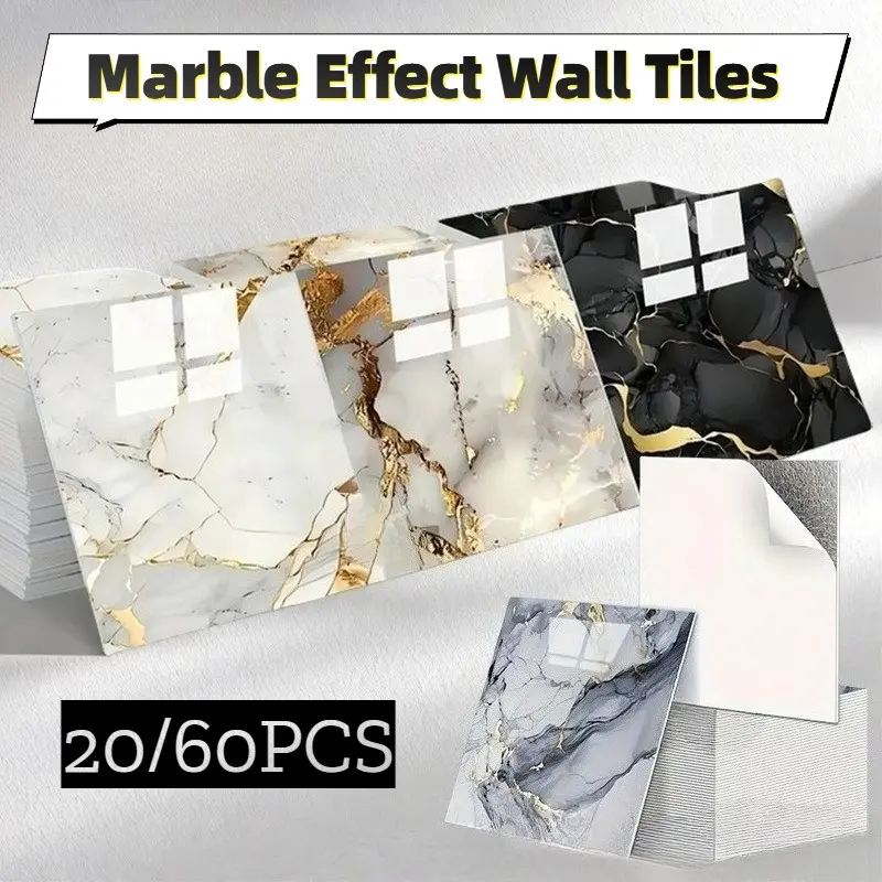 Marble Effect Wall Tiles 20/60Pcs, Self-Adhesive, Peel and Stick, Waterproof, Oil-Proof, Dirty-Resistant, Kitchen Bathroom Interior Wall Backsplash and Living Room Wall Decor