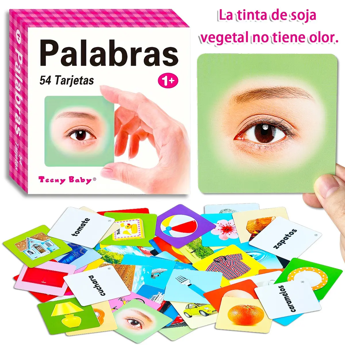 Teeny Baby Spanish Flashcards Gift Box, 54 Soy Ink Thick Rounded Cards, Visual Learning, Focus Training, Language Development, Birthday Party Favor