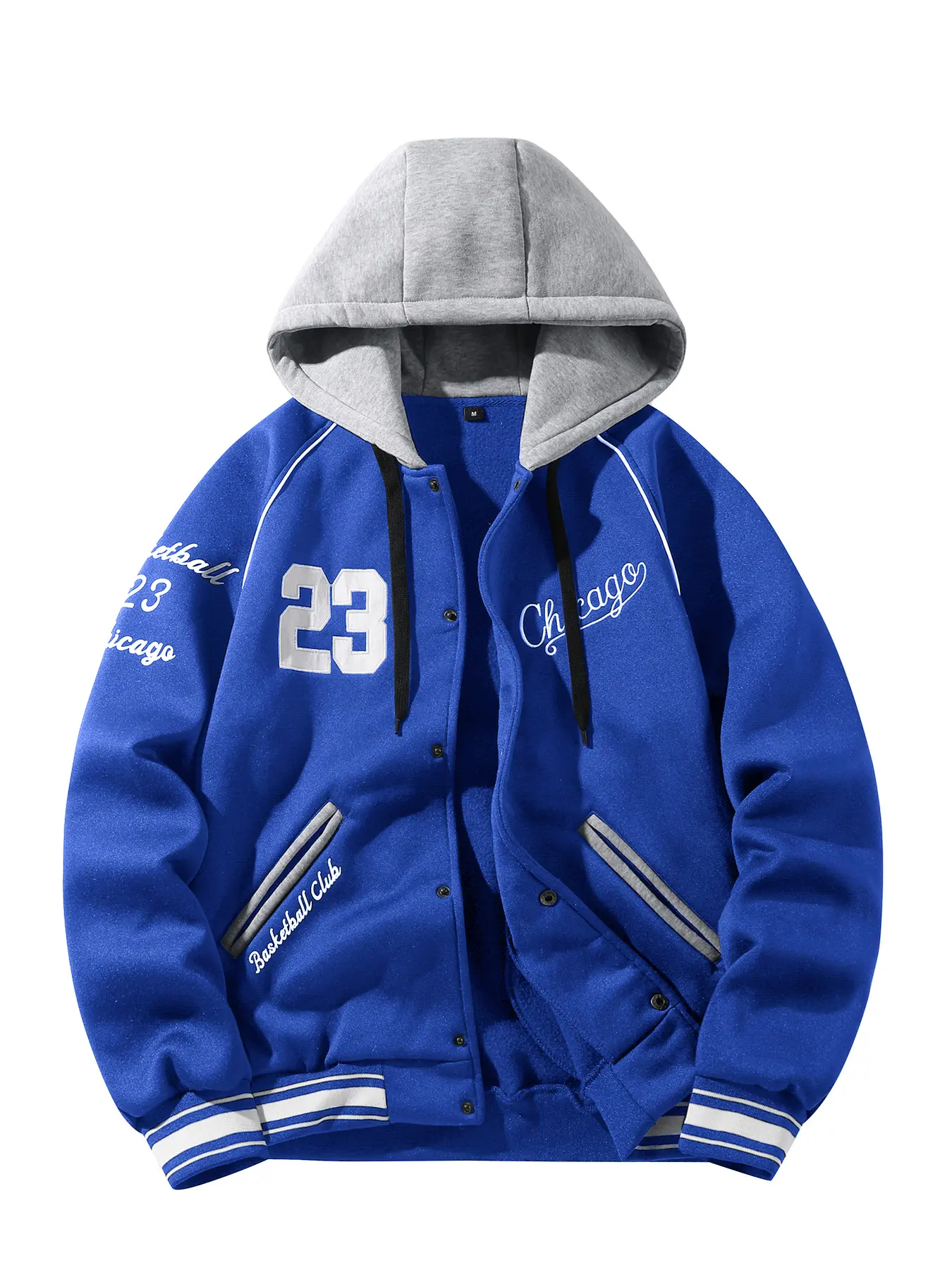 Autumn Winter Colorblock Hooded Jacket, Chicago Basketball Club Print Baseball Coat, Embroidered Front Button Baseball Jacket, Casual Streetwear
