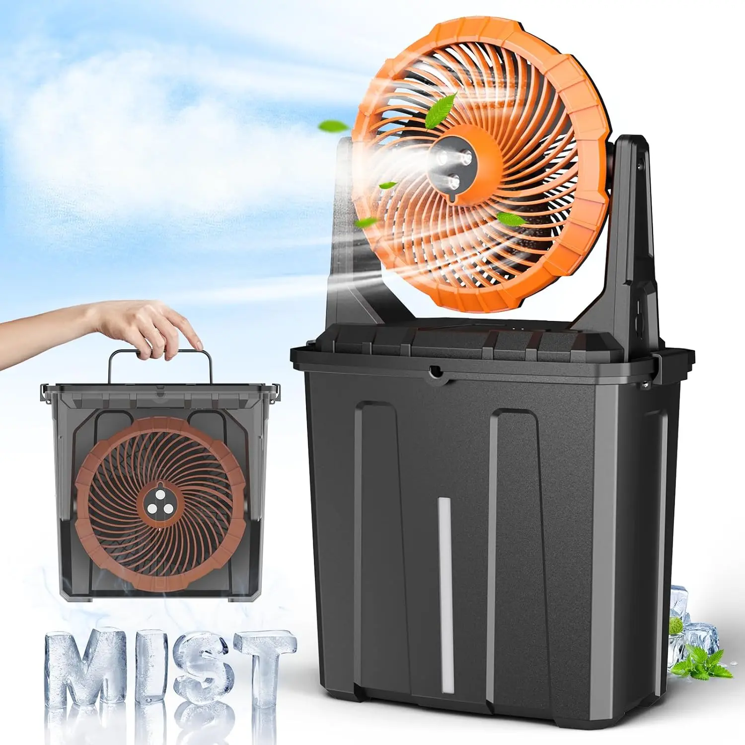 10 Inch 9L Portable Misting Fan, 20000mAh Rechargeable Battery Operated Cooling Fan, Up to 55 Hours Runtime with 3 Spray Modes, Outdoor Water Mister Fan for Patio, Golf & Camping
